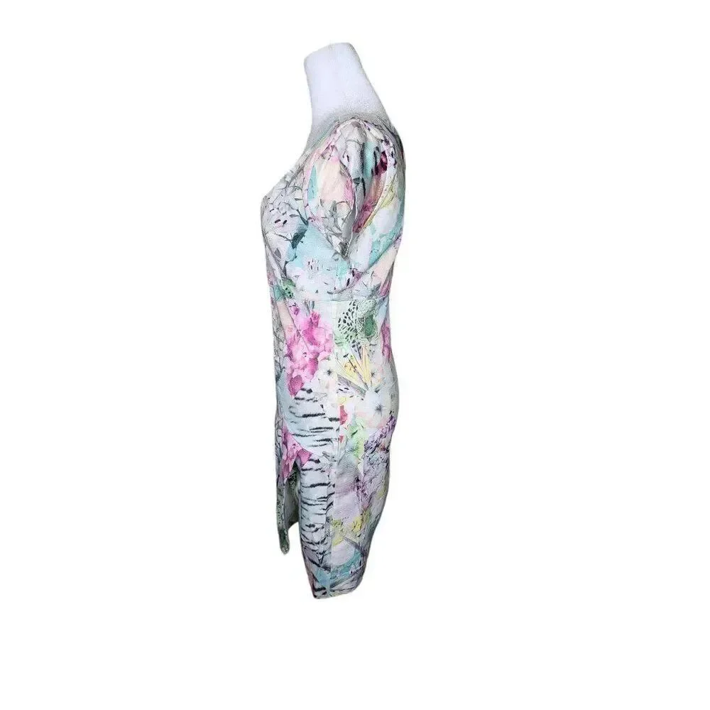 Artsy Floral Cap Sleeve Mini Body Con Dress Womens S Blue